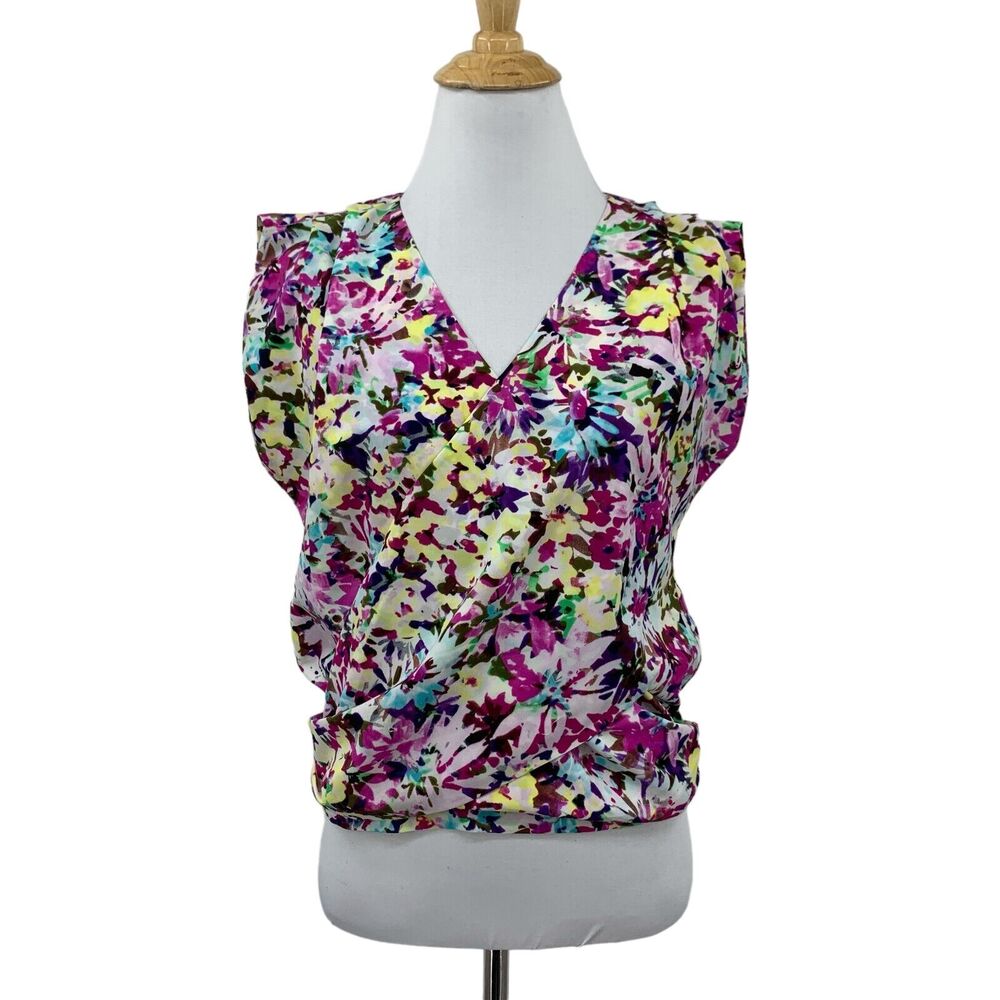 Cabi Shirt Womens XS Extra Small Multi Floral Surplice Flutter Sleeves Cropped